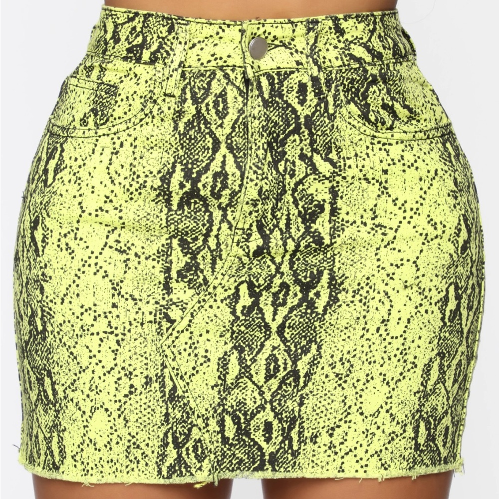 Neon Yellow Snakeskin Print Denim mini Skirt